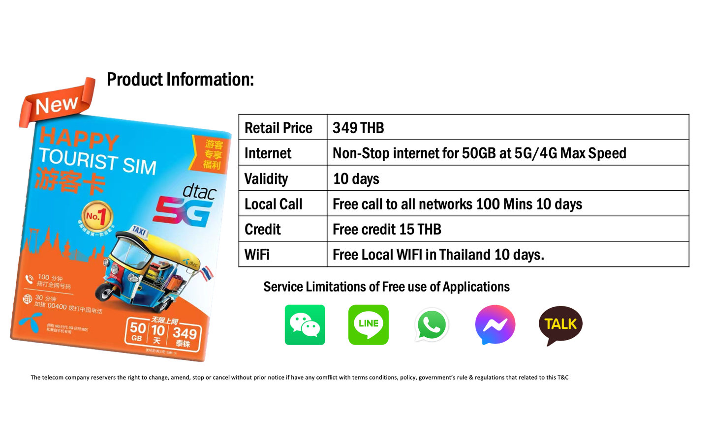 DTAC 349THB 10Days 50GB 4G+Unlimited Data+Call