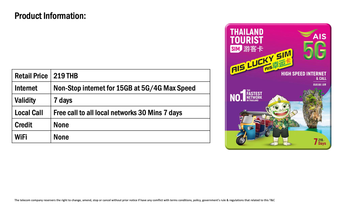 AIS 219THB 7Days 15GB 5G+Unlimited Data+Call